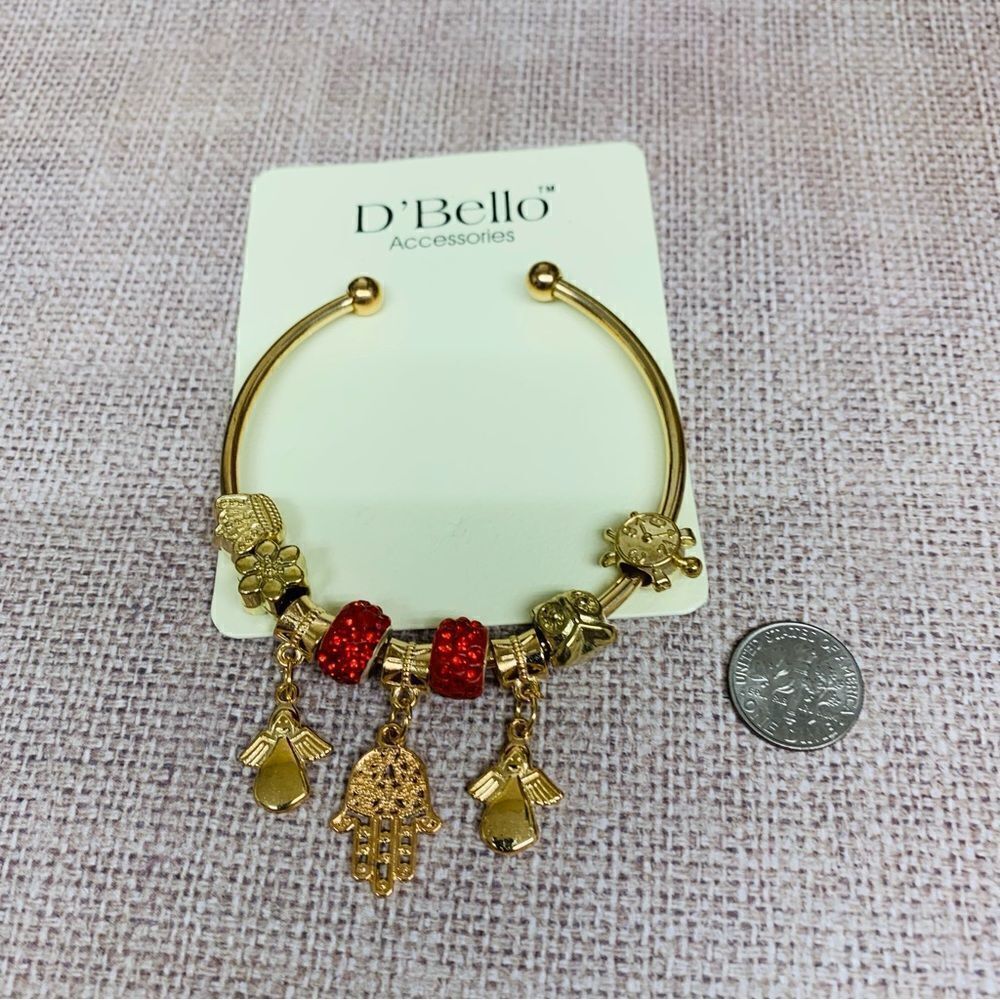 D’Bello‎ Gold Red Hamsa Angel Charm Cuff Bracelet NWT